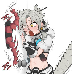 1boy absurdres arm_warmers black_arm_warmers blush breaking breaking_through_wall capelet commentary_request crop_top cropped_shirt doorknob dragon_tail dragon_tale_lucias dragon_tale_mulr duel_monster ear_covers earrings fur-trimmed_capelet fur_trim groin hair_between_eyes hair_bun hair_ornament hair_stick hakama hakama_pants here&#039;s_johnny!_(meme) highres hole_in_wall japanese_clothes jewelry long_hair male_focus meme midriff navel open_mouth pants scared scene_reference shirt short_sleeves sidelocks simple_background solo_focus standing sweat tail tail_raised tassel tassel_earrings wa_tsuji white_background white_capelet white_hakama white_shirt yellow_eyes yu-gi-oh!