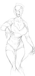 1girl absurdres artist_request breasts bubble_head_nurse cleavage faceless faceless_female gloves hat highres large_breasts monochrome monster_girl no_eyes nurse nurse_(silent_hill) nurse_cap silent_hill silent_hill_(series) silent_hill_2 simple_background solo white_gloves