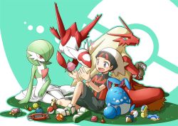 1boy :d azumarill beanie berry_(pokemon) blaziken blush bracelet brendan_(pokemon) brown_hair commentary_request creatures_(company) game_freak gardevoir gen_2_pokemon gen_3_pokemon grass grey_eyes hat heart jewelry knees latias legendary_pokemon male_focus nagi_(exsit00) nintendo open_mouth outline poke_ball poke_ball_(basic) pokemon pokemon_(creature) pokemon_oras shoes short_sleeves shorts sitting smile white_headwear