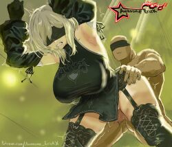 10h_(nier_reincarnation) 1boy 1girl absurdres armpits arms_up awesomeerix bare_shoulders bent_over black_dress black_gloves black_thighhighs blindfold breasts clenched_teeth clothed_female_nude_male clothed_sex detached_sleeves dress garter_straps gloves hetero highres large_breasts medium_hair nier_(series) nier_reincarnation nude pelvic_curtain sex sex_from_behind standing standing_sex teeth testicles thighhighs thighs white_hair