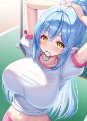 1girl absurdres ahoge alternate_costume arms_up blue_hair blurry blurry_background breasts commentary_request crossed_bangs day double-parted_bangs hair_between_eyes hair_tie_in_mouth heart heart_ahoge highres hololive huge_breasts long_hair looking_at_viewer midriff mouth_hold multicolored_hair navel outdoors pointy_ears ponytail shirt short_sleeves smile solo streaked_hair tying_hair uehiro virtual_youtuber white_shirt yellow_eyes yukihana_lamy
