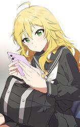 1girl absurdres ahoge bag_on_lap black_bag black_sailor_collar black_serafuku black_shirt black_skirt blonde_hair cellphone closed_mouth dot_mouth green_eyes hands_up highres holding holding_phone hoshii_miki idolmaster idolmaster_(classic) katsu_(kana) long_hair long_sleeves looking_at_phone neckerchief phone sailor_collar school_uniform serafuku shirt sitting skirt smartphone solo upper_body white_background white_neckerchief