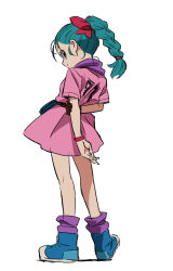 1girl blue_eyes blue_hair blue_shoes bow bracelet bulma closed_mouth dragon_ball dress from_behind full_body hair_bow hand_on_own_elbow jewelry long_hair looking_at_viewer looking_back pink_dress shoes short_sleeves simple_background smile solo standing white_background yoko.u