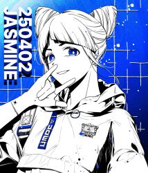 Rule 34 | 1girl, \m/, b1ue e4rth, blue background, blue eyes, blue theme, character name, commentary request, cone hair bun, dated, diagonal bangs, double bun, gloves, greyscale with colored background, hair bun, hand up, highres, hood, hood down, hoodie, jasmine (toshi densetsu kaitai center), korean commentary, looking at viewer, partially fingerless gloves, short hair, smile, solo, toshi densetsu kaitai center, upper body