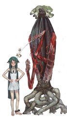 Rule 34 | 1girl, absurdres, angry, annoyed, bare shoulders, barefoot, creature, cthulhu mythos, dress, flat chest, green eyes, green hair, hair flaps, highres, horror (theme), long hair, mossacannibalis, ribbon, saya (saya no uta), saya no uta, simple background, sleeveless, sundress, teasing, throwing, very long hair, white background, white dress