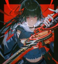 1girl absurdres arm_cutout black_choker black_hair black_shirt chisa_(wuthering_waves) choker chromatic_aberration collarbone commentary hair_ribbon highres hikaku_(siyrgr) holding holding_sword holding_weapon long_sleeves looking_at_viewer midriff mole mole_under_eye parted_lips red_eyes red_ribbon ribbon sailor_collar shirt solo sword tacet_mark_(wuthering_waves) weapon white_sailor_collar wuthering_waves