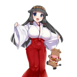 1girl black_hair blue_eyes breasts cow cow_girl cow_horns gold_tiara horns japanese_clothes kusaka_souji large_breasts long_hair miko miru_holstein uchi_no_hime-sama_ga_ichiban_kawaii wide_sleeves
