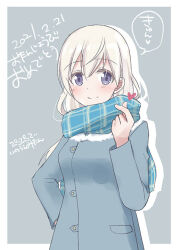 1girl blue_jacket blue_scarf eila_ilmatar_juutilainen hand_on_own_hip heart inouemitan0926 jacket long_hair looking_at_viewer scarf simple_background smile solo standing strike_witches white_hair world_witches_series