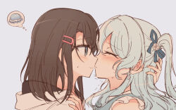 2girls bang_dream! blue_eyes blue_hair blush brown_hair closed_eyes earrings hair_ornament hairclip hand_on_another&#039;s_shoulder hood hoodie jewelry kiss long_hair matsubara_kanon multiple_girls okusawa_misaki one_side_up opi purple_background simple_background speech_bubble sweat thought_bubble trembling upper_body white_hoodie yuri