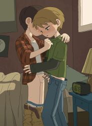 2boys aomuke bar_censor bed bedroom blonde_hair blue_eyes blush brown_hair censored clock clothes_grab clothes_pull erection green_shirt highres indoors kodomo_doushi lamp male_focus male_underwear multiple_boys open_mouth original pants pants_pull penis penises_touching pillow plaid_clothes plaid_shirt shirt shirt_grab shota small_penis standing sweat testicles underwear yaoi