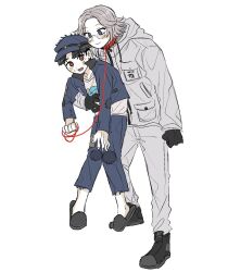 2boys aotsuki_eito black_hair blue_eyes closed_mouth collar fingernails full_body glasses height_difference highres holding holding_leash leash male_focus maruko_gaku multiple_boys open_mouth parted_hair red_eyes simple_background slippers smile standing the_hundred_line_-last_defense_academy- white_background white_hair yaoi