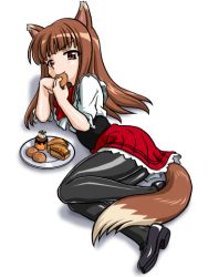 00s animal_ears bandabekken bronze_parrot brown_hair eating food holo kisaten long_hair lying pantyhose red_eyes solo spice_and_wolf tail waitress wolf_ears wolf_tail