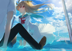 1boy 1girl ascot atri atri-my_dear_moments- black_pants black_ribbon blue_sailor_collar brown_footwear closed_mouth cloud dress floating_hair hair_ribbon ikaruga_natsuki kamatoyu kneeling light_brown_hair loafers long_hair looking_at_another ocean pants red_ascot red_eyes ribbon sailor_collar shirt shoes sitting sky smile water white_dress white_shirt wind_turbine windmill
