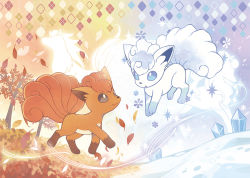 alolan_form alolan_ninetales alolan_vulpix artist_request autumn black_eyes blue_eyes creature creatures_(company) evolutionary_line eye_contact full_body game_freak gen_1_pokemon gen_7_pokemon ice looking_at_another ninetales nintendo no_humans official_art pokemon pokemon_(creature) seasons tree vulpix winter