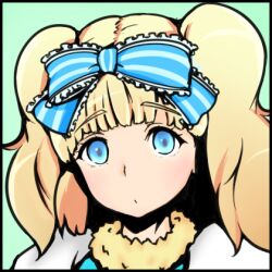 1girl blonde_hair blue_bow blue_eyes blunt_bangs blush bow closed_mouth commentary_request expressionless frilled_bow frills fur_collar hair_bow long_hair looking_at_viewer lowres official_alternate_costume portrait ragnarok_iris ragnarok_online simple_background solo sorcerer_(ragnarok_online) twintails upper_body