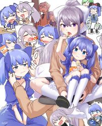 3girls :&gt; :3 :d :t ^_^ artist_name blue_bow blue_choker blue_eyes blue_hair blue_neckwear bow breath_weapon breathing_fire brown_cardigan cardigan cheek_pinching chips_(food) choker closed_eyes collarbone disney explosive feeding fire food green_hair hair_bow highres higuchi_kaede kneehighs long_hair long_sleeves looking_at_viewer mario_(series) mario_kart medium_hair minecraft minnie_mouse_ears morinaka_kazaki motion_lines multiple_girls necktie nijisanji nintendo notori_d open_mouth pinching ponytail potato_chips purple_eyes purple_hair simple_background smile socks tnt tnt_block_(minecraft) twintails v_arms virtual_youtuber white_background white_bow white_legwear yuuki_chihiro