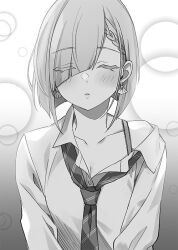 Rule 34 | 1girl, blush, bra strap, braid, breasts, collared shirt, commentary request, diagonal-striped clothes, diagonal-striped necktie, earrings, eyes visible through hair, facing viewer, greyscale, hair over one eye, jewelry, loose necktie, monochrome, necktie, novel illustration, off shoulder, official art, parted lips, school uniform, shirt, short hair, solo, striped clothes, tomari (veryberry00), tomodachi no imouto ga ore ni dake uzai, tsukinomori mashiro, upper body, wing collar