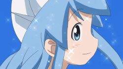 1girl animated animated_gif ass bare_shoulders barefoot beach blue_eyes blue_hair blush breasts cloud day dot_nose feet female_focus happy hat ikamusume jumping legs long_hair looking_at_viewer matching_hair/eyes one-piece_swimsuit open_mouth outdoors running sand shinryaku!_ikamusume sky small_breasts smile soles solo sparkle squid_girl squid_hat swimsuit tentacle_hair water white_one-piece_swimsuit