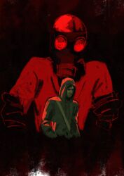 2boys bag bald black_background black_gloves canvas_texture cry_of_fear dr_purnell gas_mask gloves grey_hoodie hands_in_pockets hood hood_up hoodie looking_at_another mask multiple_boys neo_jpeg outline outstretched_hand partially_shaded_face reaching reaching_towards_another red_outline red_shirt shirt shoulder_bag simon_henriksson size_difference upper_body walking