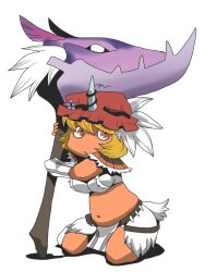 1girl aki_minoriko belly blonde_hair breasts brown_eyes commentary_request crop_top full_body fur_skirt hat holding holding_weapon horns kirin_(armor) large_breasts looking_at_viewer midriff mob_cap monster_hunter_(series) navel onikobe_rin open_mouth red_hat short_hair simple_background single_horn skirt solo stomach touhou weapon white_background white_skirt