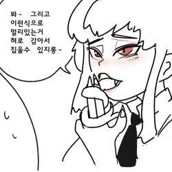 1girl korean_text long_tongue monochrome sketch tongue translation_request