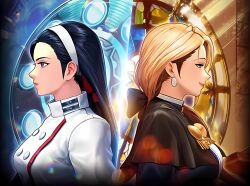 black_hair blonde_hair blue_eyes earrings genderswap genderswap_(mtf) goeniko highres jewelry kagura_chizuru smile the_king_of_fighters the_king_of_fighters_all-stars