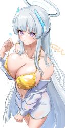 1girl absurdres bikini blue_archive blunt_bangs breasts cleavage collarbone gold_bikini golden_week halo highres large_breasts long_hair looking_at_viewer mechanical_halo navel noa_(blue_archive) off_shoulder ogura_toast open_clothes open_shirt partially_unbuttoned purple_eyes satin_bikini shiny_swimsuit solo strap_pull string_bikini swimsuit white_hair white_halo