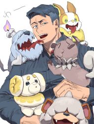 Rule 34 | 1boy, blue eyes, blue hair, blue shirt, closed eyes, collared shirt, commentary request, crossover, dog, fidough, fire, furrowed brow, gen 1 pokemon, gen 7 pokemon, gen 8 pokemon, greavard, growlithe, half-closed eye, highres, holding, holding pokemon, long sleeves, looking at viewer, male focus, matsuda ryota, nintendo, on shoulder, open mouth, pokemon, pokemon (creature), pokemon on shoulder, purple fire, rockruff, shirt, short hair, simple background, smile, tongue, tongue out, toshi densetsu kaitai center, trait connection, translation request, upper body, white background, yamper, yochiyochi