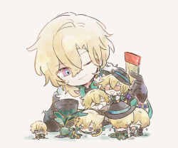 6+boys aventurine_(anan)_(honkai:_star_rail) aventurine_(boss)_(honkai:_star_rail) aventurine_(honkai:_star_rail) blonde_hair bracelet cat_boy cheesegohanpan coin dice earrings gloves hat holding holding_ticket honkai:_star_rail honkai_(series) jewelry kakavasha_(honkai:_star_rail) male_focus mask mini_person miniboy multicolored_eyes multiple_boys multiple_persona pillow short_hair sleeping sunglasses ticket top_hat two-tone_eyes