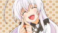 Rule 34 | 050411285aura, 1girl, ahoge, bad id, bad pixiv id, blush, female focus, haiyore! nyaruko-san, long hair, nyarlathotep (nyaruko-san), open mouth, silver hair, smile, solo, upper body