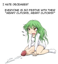 1futa agent_orange blush brown_eyes censored cum futanari green_hair open_mouth penis simple_background solo white_background