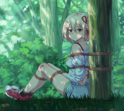 1girl absurdres arms_behind_back bdsm black_socks blonde_hair bondage bound bound_arms bound_legs breasts brown_eyes forest grass highres leveen looking_at_viewer lycoris_recoil medium_hair nature nishikigi_chisato restrained saliva saliva_trail shibari shibari_over_clothes shirt shoes shorts single_bare_shoulder skindentation small_breasts sneakers socks solo tree white_shirt