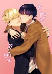 Rule 34 | 2boys, absurdres, black hair, black jacket, blonde hair, brown jacket, closed eyes, facing another, hair over eyes, heart, highres, hong jae-yeol, hug, jacket, jewelry, kino houki, lookism, male focus, multiple boys, park hyung-suk, parted lips, pink background, ring, short hair, standing, sweatdrop, yaoi