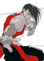 1boy absurdres arm_up bare_shoulders black_pants bridal_gauntlets bruise bruise_on_arm bruise_on_face chinese_clothes dated fingernails highres ikinaribaguruna injury long_bangs looking_at_viewer male_focus outstretched_arm pants parted_lips profile red_shirt shirt short_sideburns sleeveless solo spot_color street_fighter street_fighter_iii_(series) teeth twitter_username yang_lee
