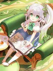 1girl alternate_costume artist_name barefoot blush book bow bowtie commentary_request couch cup dress genshin_impact gradient_hair green_bow green_bowtie green_eyes green_hair hair_between_eyes hair_ornament heart highres holding holding_photo indoors leaf_hair_ornament long_hair looking_at_viewer multicolored_hair nahida_(genshin_impact) open_book parted_lips photo_(object) pointy_ears saucer side_ponytail sitting solo star-shaped_pupils star_(symbol) symbol-shaped_pupils teacup toes toro_astro white_hair