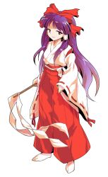 1girl alphes_(style) bow commentary_request dairi detached_sleeves full_body gohei hair_between_eyes hair_bow hair_tubes hakama hakama_pants hakurei_reimu hakurei_reimu_(pc-98) half-closed_eyes haori holding japanese_clothes large_variant_set long_hair long_sleeves looking_at_viewer open_mouth pants parody purple_eyes red_bow red_hakama red_pants ribbon-trimmed_clothes ribbon-trimmed_sleeves ribbon_trim sleeves_past_wrists smile socks solo standing style_parody touhou touhou_(pc-98) transparent_background variant_set white_bow white_socks wide_sleeves