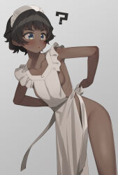 1girl ? absurdres adjusting_apron apron black_hair blush breasts dark-skinned_female dark_skin fang gundam gundam_gquuuuuux highres maid maid_headdress naked_apron partner_(kprtnr) short_hair sideboob small_breasts solo thighs vani_(gundam)