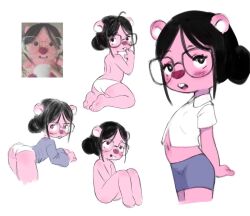 Rule 34 | 1girl, animal ears, animal focus, bare legs, barefoot, black hair, buck teeth, collared shirt, completely nude, cowboy shot, feet, female focus, flat chest, full body, glasses, glasses loopy plushie (meme), gluteal fold, hair bun, knees up, long sleeves, looking at viewer, looking back, loopy (pororo), meme, midriff, miniskirt, multiple views, navel, nude, open mouth, original, panties, pencil skirt, photo-referenced, pororo the little penguin, qtkat, shirt, short hair, short sleeves, simple background, sitting, skirt, soles, teeth, thighs, toes, topless female, underwear, white background, white shirt