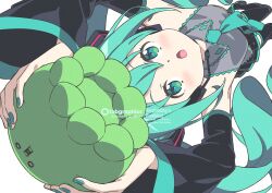 1girl :o adversarial_noise aqua_eyes aqua_hair aqua_nails aqua_necktie arms_up black_boots boots breasts commentary from_above hashtag-only_commentary hatsune_miku headset holding kanzaki_hiro long_hair miniskirt nail_polish necktie open_mouth pleated_skirt skirt small_breasts solo thigh_boots thighhighs twintails vocaloid watermark zettai_ryouiki