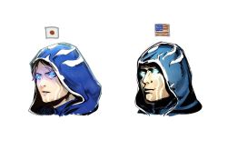 Rule 34 | 1boy, american flag, blank eyes, blue eyes, brown hair, comparison, facial mark, glowing, glowing eyes, hood, jace beleren, japanese flag, magic: the gathering, male focus, narita imomushi, portrait, white background