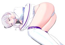 Rule 34 | 1girl, absurdres, arm strap, ass, ass focus, bare shoulders, blunt bangs, blush, braid, bright pupils, chinese commentary, clothes lift, commentary, covered mouth, crown braid, dress, dress lift, embarrassed, emilia (re:zero), feet out of frame, foreshortening, furrowed brow, grey hair, highres, legs, lifting own clothes, long hair, lying, on side, panties, pointy ears, purple eyes, re:zero kara hajimeru isekai seikatsu, shiny skin, simple background, skindentation, slit pupils, solo, songsong, thighhighs, thighs, underwear, white background, white dress, white panties, white pupils, white thighhighs