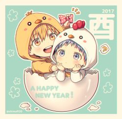 2017 2boys :d ? aged_down blonde_hair blue_eyes blue_hair blush border bow chicken_costume child chinese_zodiac closed_mouth commentary_request cracked_egg egg english_text expressionless hair_between_eyes hand_up hands_on_own_chin happy happy_new_year holding holding_bow_(ornament) hood hood_up kise_ryouta kuroko_no_basuke kuroko_tetsuya long_sleeves male_focus mashima_shima multiple_boys new_year notice_lines open_mouth outline pink_bow polka_dot polka_dot_bow rooster_costume short_hair smile spoken_question_mark teeth twitter_username upper_teeth_only white_border white_outline year_of_the_rooster yellow_eyes