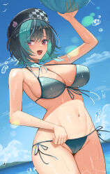 1girl :d absurdres alternate_costume aqua_hair arm_up beret bikini black_hair black_hat blue_sky cloud colored_inner_hair commentary_request criss-cross_halter day front-tie_bikini_top front-tie_top green_bikini halterneck hat highres hololive hololive_dev_is looking_at_viewer multi-strapped_bikini_top multicolored_hair navel open_mouth outdoors purple_hair red_eyes rindo_chihaya side-tie_bikini_bottom sky smile solo stomach streaked_hair swept_bangs swimsuit tana_yaki virtual_youtuber water wet white_hair