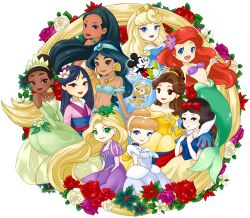 1girl 2boys 6+girls aladdin_(movie) arabian_clothes ariel_(disney) aurora_(disney) bare_shoulders beauty_and_the_beast_(disney) belle_(disney) belle_(disney)_(cosplay) black_hair blonde_hair breasts brown_eyes brown_hair chameleon cinderella_(disney_character) cinderella_(disney_movie) cleavage company_connection cosplay dark-skinned_female dark_skin disney_princess duffy_and_friends duffy_the_disney_bear earrings fa_mulan_(disney) harem_outfit harem_pants jasmine_(disney) jewelry long_hair looking_at_viewer mayuzumi mickey_mouse mickey_mouse_&amp;_friends midriff mulan_(movie) multi-tied_hair multiple_boys multiple_girls native_american native_american_clothes necklace off_shoulder pants pascal_(tangled) pocahontas_(disney) pocahontas_(movie) princess rapunzel_(disney) shirt sleeping_beauty_(disney) smile snow_white_(disney) snow_white_and_the_seven_dwarfs_(disney) tangled the_little_mermaid_(disney) the_princess_and_the_frog tiana_(the_princess_and_the_frog) very_long_hair