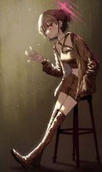 1girl absurdres alternate_costume alternate_hairstyle black_hair black_jacket black_tank_top blue_archive boots brown_boots collar ear_piercing hair_between_eyes hand_in_pocket highres jacket knee_boots kongaru_123 looking_at_viewer misaki_(blue_archive) navel open_hand open_mouth piercing pink_eyes ponytail short_hair sidelocks solo stomach tank_top white_collar