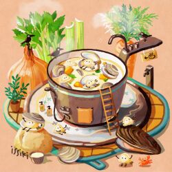 animal artist_name bird chowder_(food) cooking_pot crab crow food food_focus issiki_toaki ladder no_humans original plant plate potted_plant seafood simple_background soup steam
