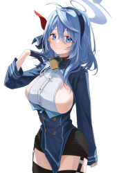 1girl absurdres ahoge ako_(blue_archive) animal_collar arm_at_side bell black_skirt black_thighhighs blue_archive blue_eyes blue_gloves blue_hair blue_hairband blue_halo blue_jacket breasts buttons collar commentary cowbell cowboy_shot danyun_03 double-breasted garter_straps gloves hairband halo highres jacket light_blush long_hair looking_at_viewer neck_bell partially_unbuttoned pencil_skirt shirt sideboob single_glove skirt sleeveless sleeveless_shirt smile solo thighhighs white_background white_shirt