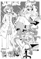 Rule 34 | 6+girls, aizawa sachi, barefoot, broom, closed mouth, earrings, evil grin, evil smile, greyscale, grin, holding, holding broom, jewelry, long hair, marina (omori), medusa (omori), molly (omori), monochrome, multiple girls, mutantheart (omori), omori, open mouth, parted lips, perfectheart (omori), roboheart (omori), robot, sharp teeth, short hair, sitting, smile, sweetheart (omori), swivel chair, teeth, tentacle hair, tentacles, twintails
