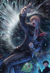 10s 2boys anger_vein black_eyes black_hair black_jacket black_pants blunt_bangs bowl_cut brown_hair clenched_hand closed_mouth dress_shirt ekubo_(mob_psycho_100) formal_clothes frown gakuran ghost highres index_finger_raised jacket kageyama_shigeo light_particles long_sleeves male_focus mob_psycho_100 motion_blur multiple_boys necktie object_on_head open_mouth outstretched_arm pants psychic red_necktie reigen_arataka salt school_uniform shirt suit tatsuya_(atelier_road) throwing throwing_salt white_shirt