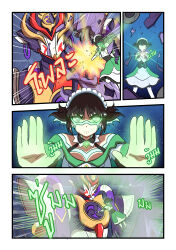 Rule 34 | 1girl, absurdres, atawatsho, black hair, blue eyes, breaking, comic, commentary, english commentary, english text, genshin impact, glowing, glowing tattoo, gundam, gundam unicorn, highres, katheryne (genshin impact), long sleeves, mecha, medium hair, mitsudomoe (shape), nt-d, parted bangs, punching, robot, scaramouche (genshin impact), scaramouche (kabukimono) (genshin impact), sidelocks, tomoe (symbol)